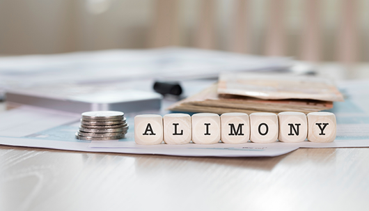 Dice spelling out "Alimony" sit on a table with money and financial documents.